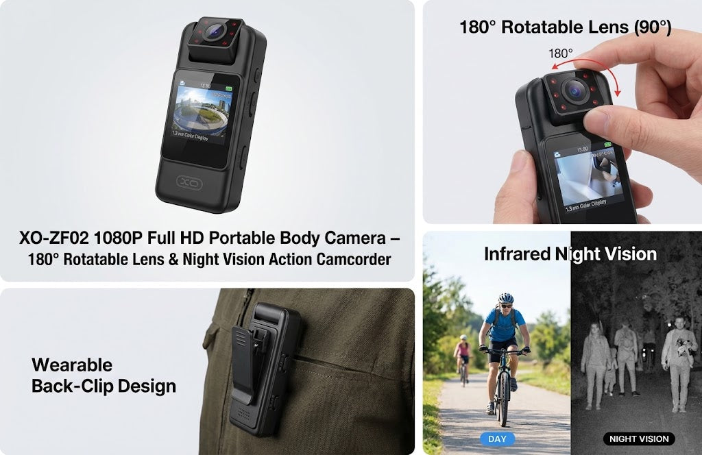 XO-ZF02 Body Camera – 1080p, Night Vision, Wearable Clip