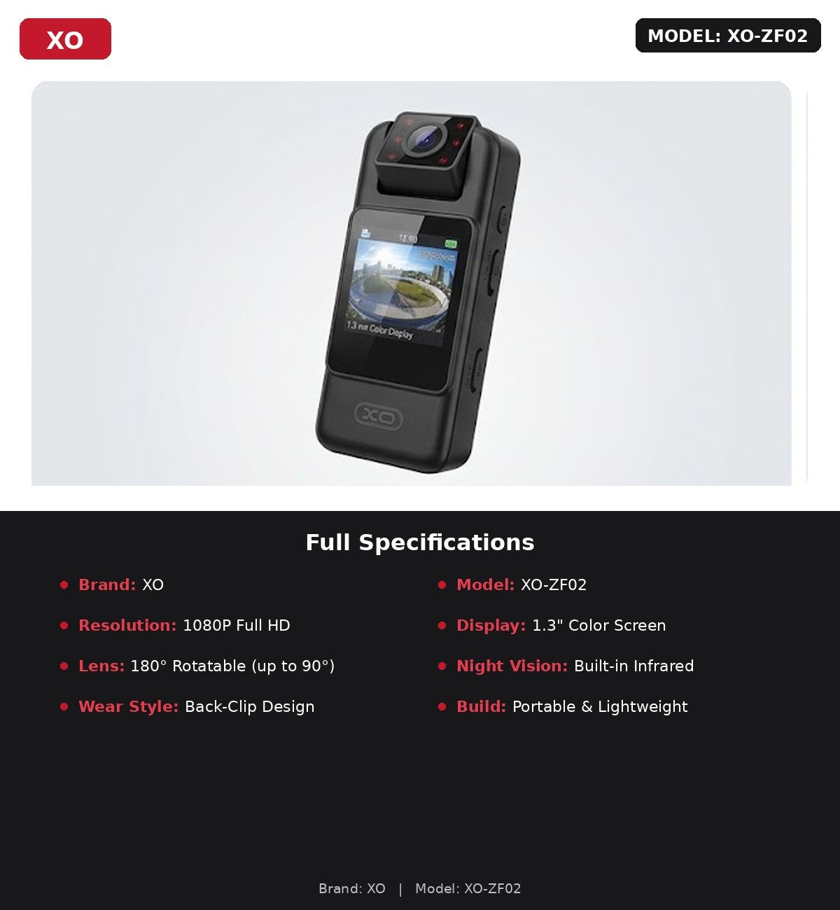 XO-ZF02 Body Camera – 1080p, Night Vision, Wearable Clip