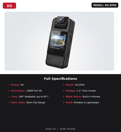 XO-ZF02 Body Camera – 1080p, Night Vision, Wearable Clip