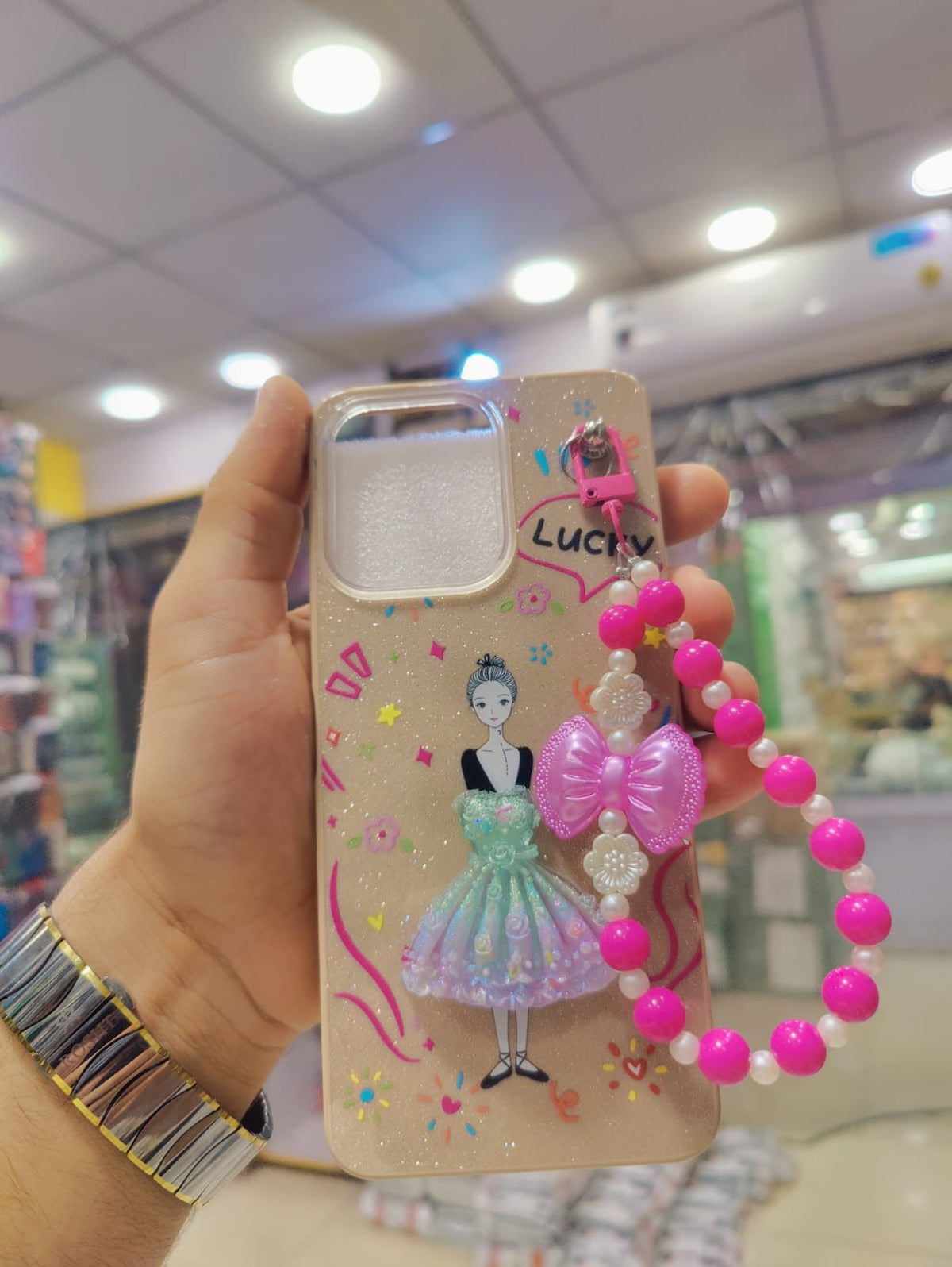 Vivo Y05 4G Phone Case | Beaded Bow Hand Strap Back Cover | Decent Flower Doll Glitter Stylish Ladies Pouch