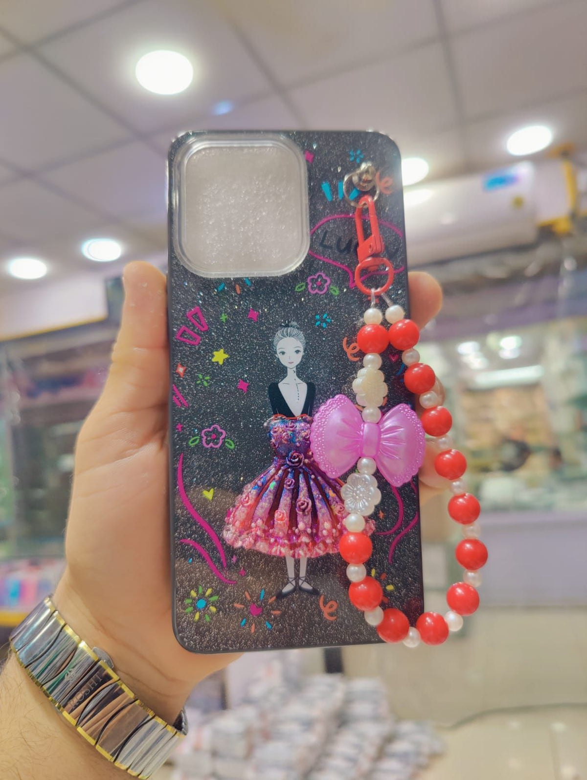 Vivo Y05 4G Phone Case | Beaded Bow Hand Strap Back Cover | Decent Flower Doll Glitter Stylish Ladies Pouch