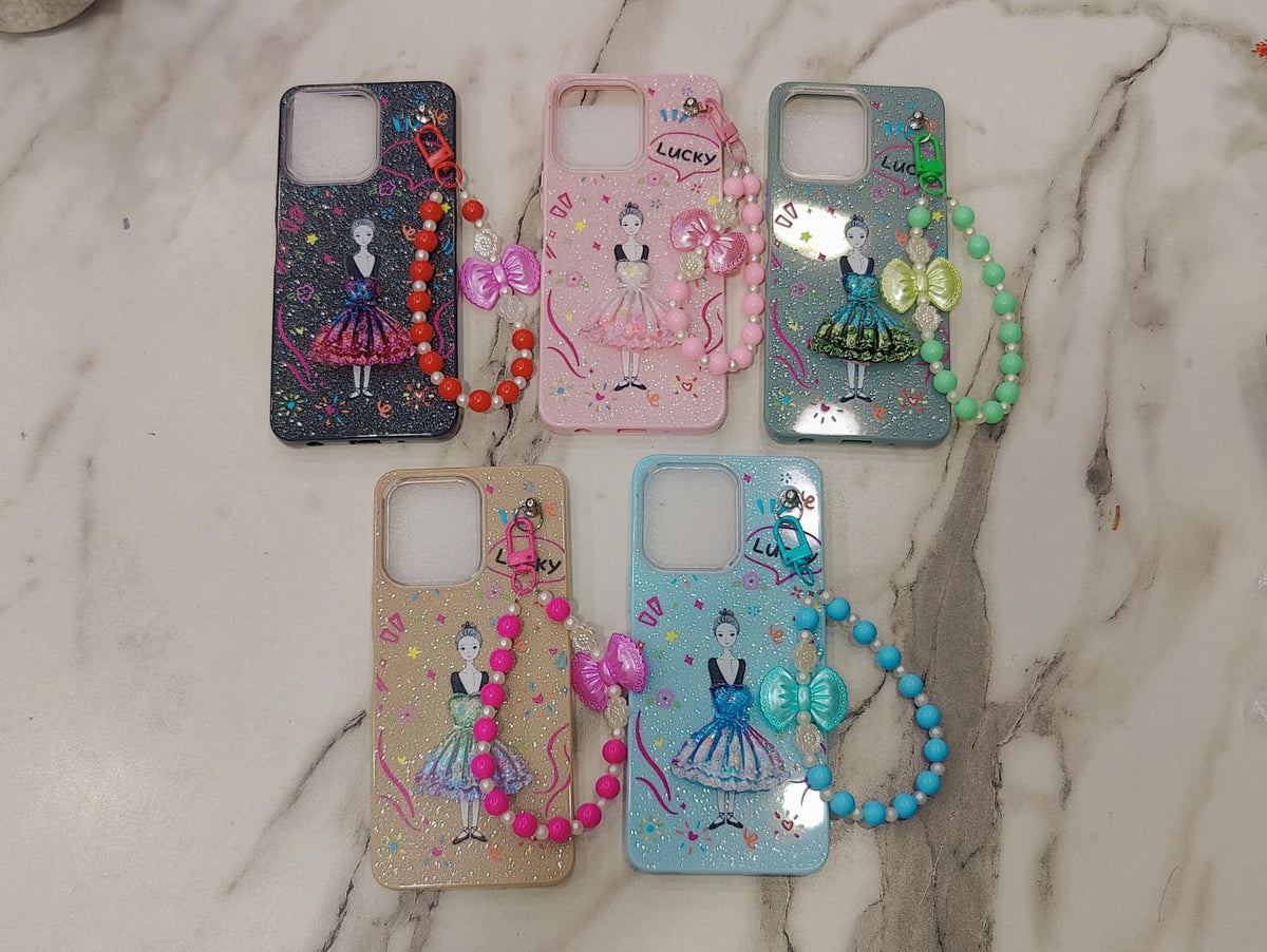 Vivo Y05 4G Phone Case | Beaded Bow Hand Strap Back Cover | Decent Flower Doll Glitter Stylish Ladies Pouch