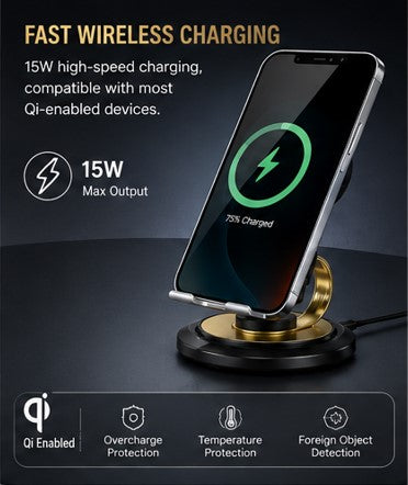 XO-F69 4-in-1 Cell Phone Stand with Induction Speaker & 15W Wireless Charging