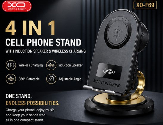 XO-F69 4-in-1 Cell Phone Stand with Induction Speaker & 15W Wireless Charging