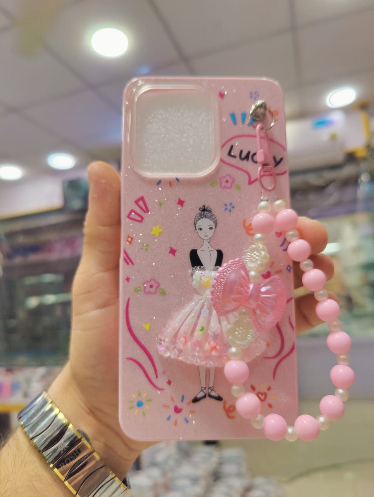 Vivo Y05 4G Phone Case | Beaded Bow Hand Strap Back Cover | Decent Flower Doll Glitter Stylish Ladies Pouch